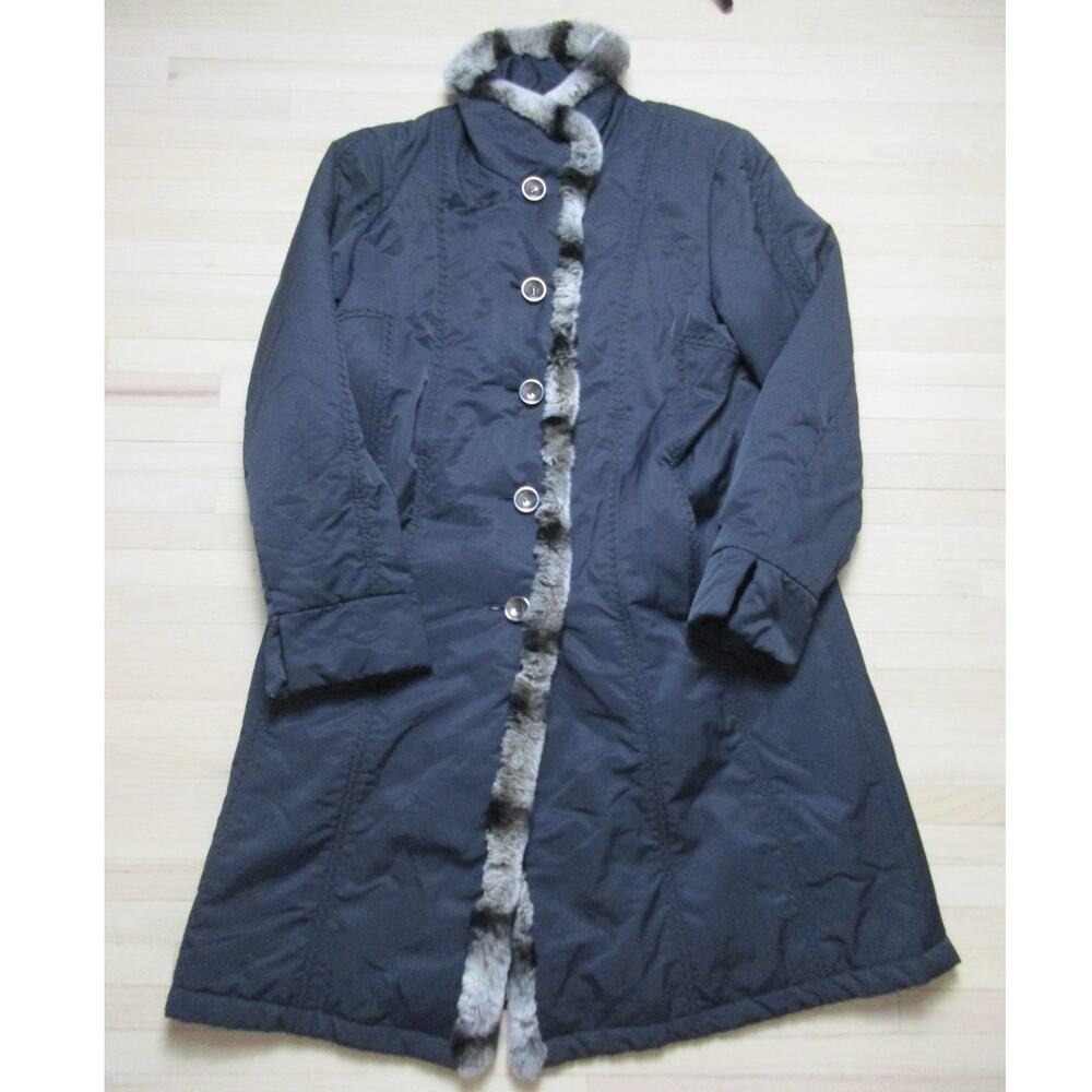 Cinzia Rocca Womens Coat Large 10 12 Black Insulated Rabbit Fur Trim Italy